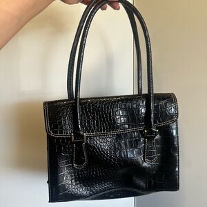 Vintage Liz Claiborne Black Crocodile-Embossed Handbag